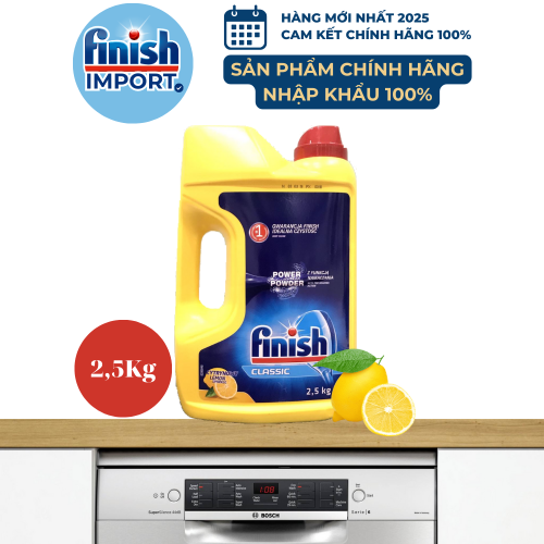 Hộp bột rửa chén Finish Classic 2,5Kg (Hương chanh – 250 lần dùng) – (Dành cho máy rửa chén 7-8-9-10-12-13-14-15 bộ).